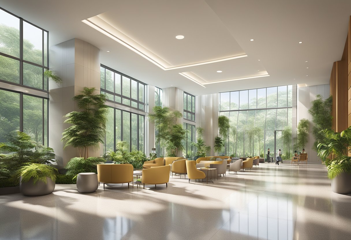 The modern lobby of Raffles Hospital Singapore features comfortable seating, lush greenery, and natural light, creating a welcoming and calming atmosphere for patients and visitors