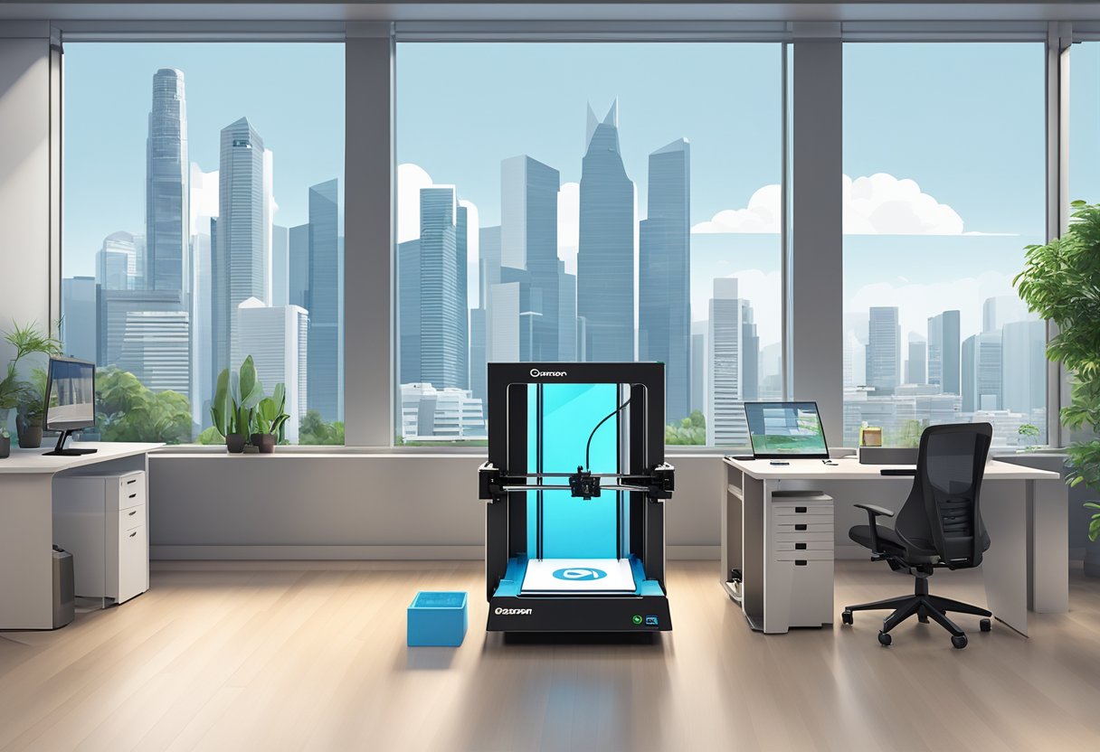 A 3D printer in a modern Singaporean office, with city skyline visible through the window