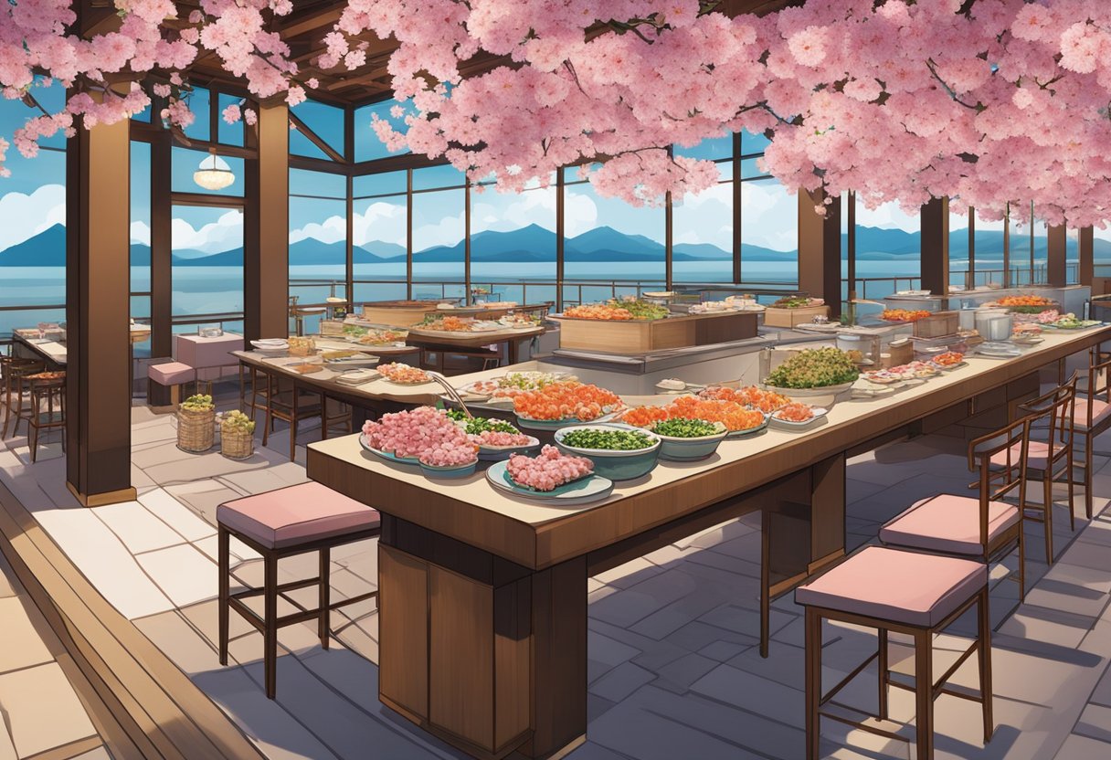 A vibrant display of Japanese cherry blossoms adorns the Sakura Buffet, with sushi, sashimi, and tempura spread out on the tables