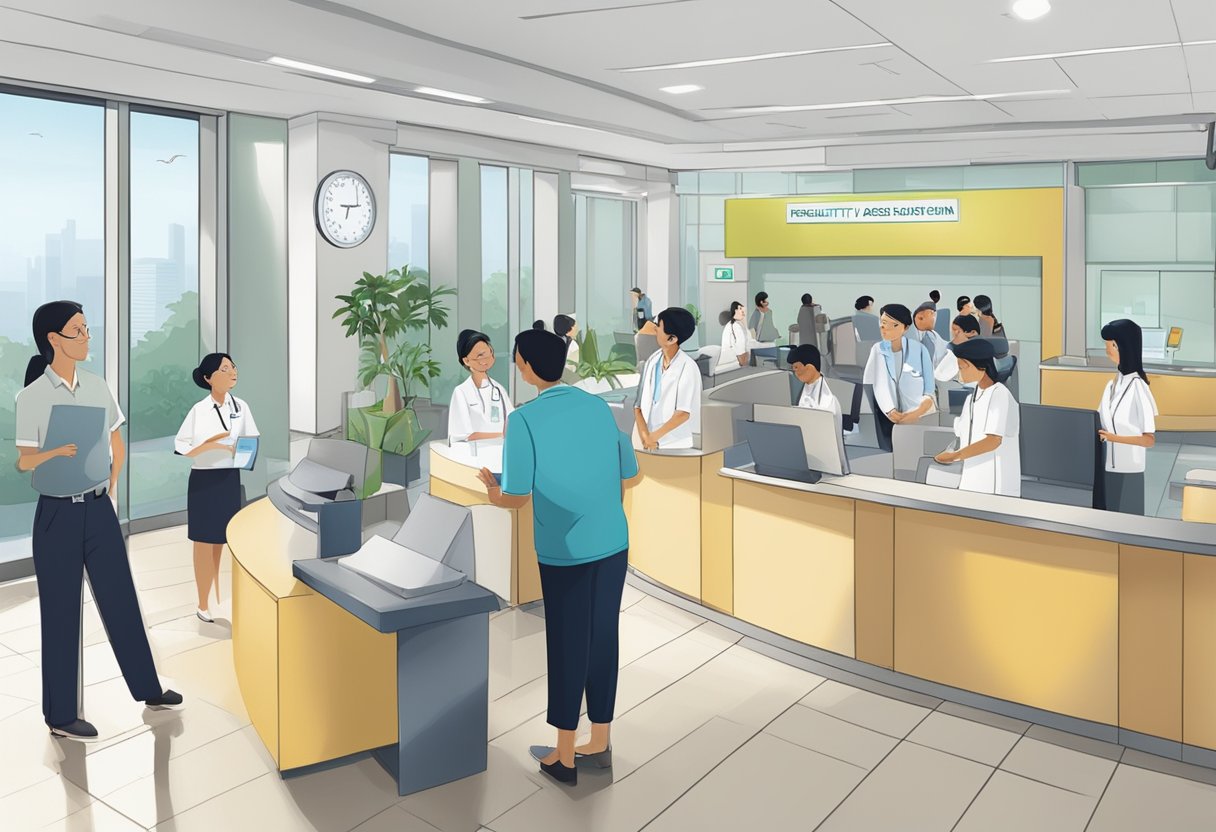 A busy reception area with patients waiting, a sign displaying "Frequently Asked Questions" at Raffles Hospital Singapore