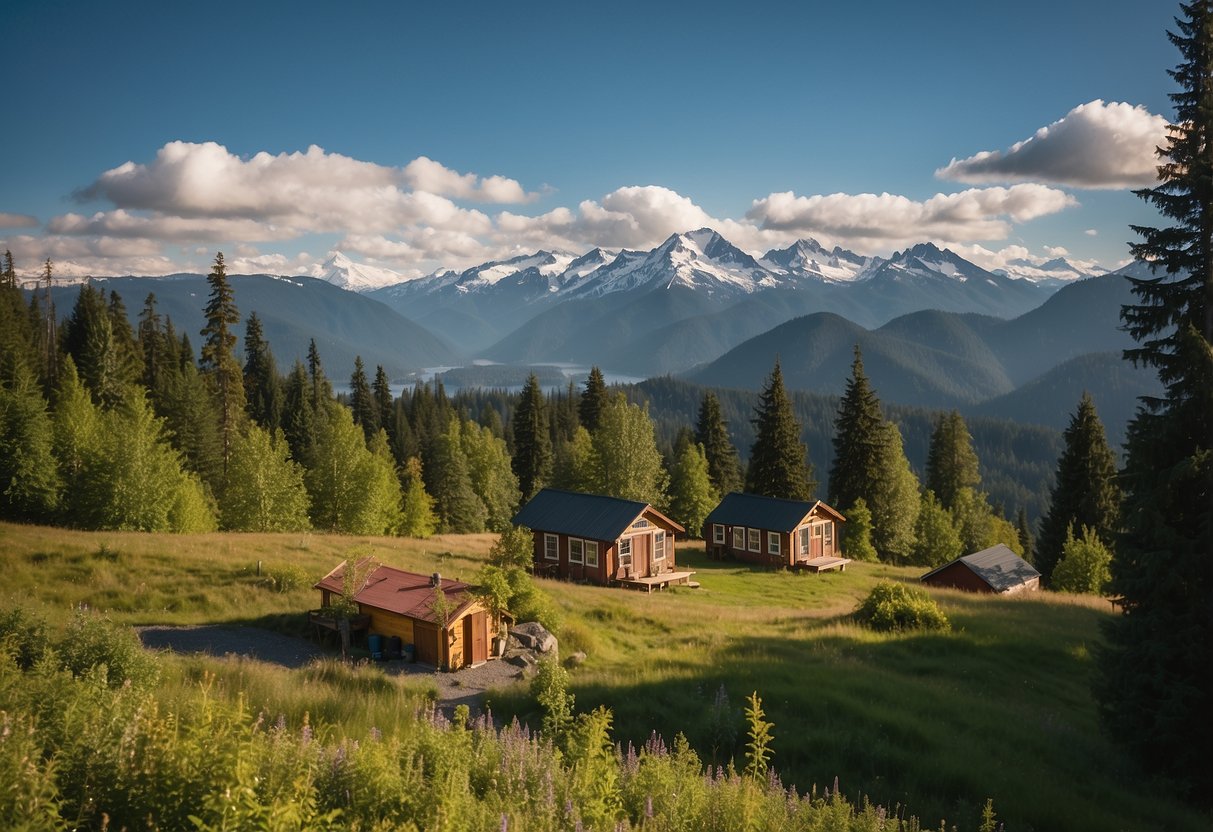 Tiny houses dot a picturesque landscape in Washington state, nestled among lush greenery and towering mountains