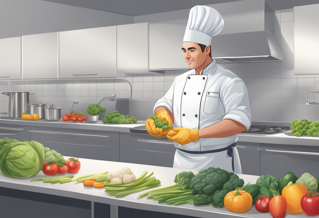 A chef in a clean kitchen, using gloves to handle fresh produce and carefully inspecting each ingredient for quality and freshness