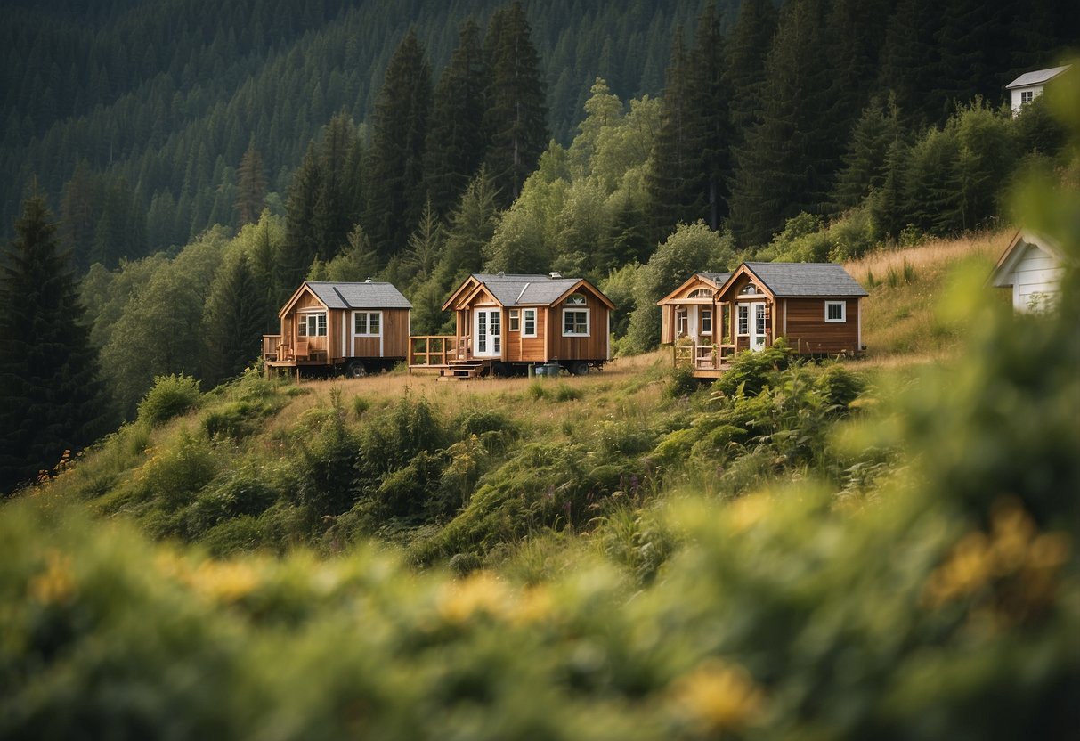 Tiny houses nestled among lush greenery, with a backdrop of the Washington state landscape. A sign displaying "Legal Tiny House Community" stands prominently at the entrance