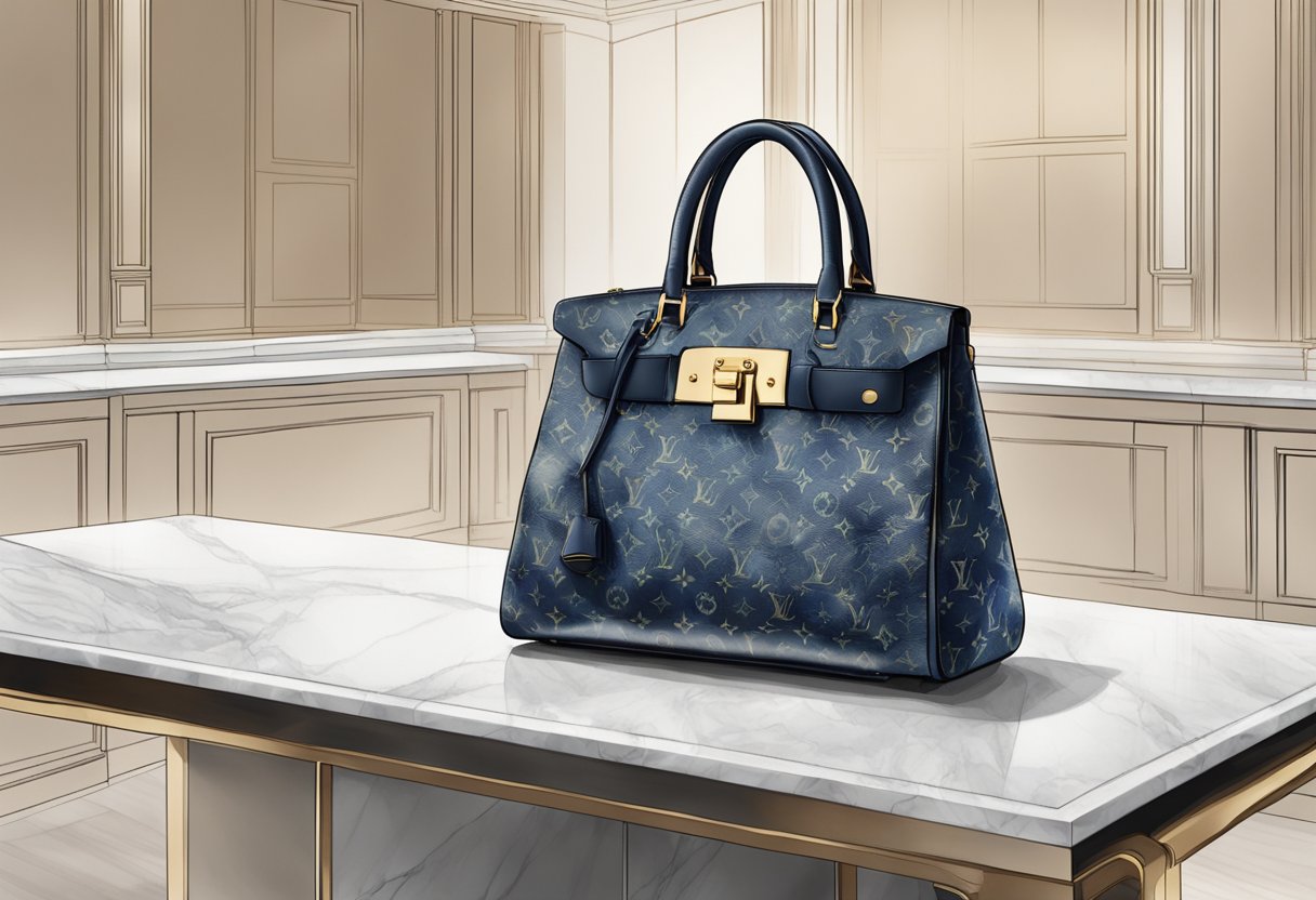 A luxurious LV bag sits on a marble countertop in a sleek Singapore boutique