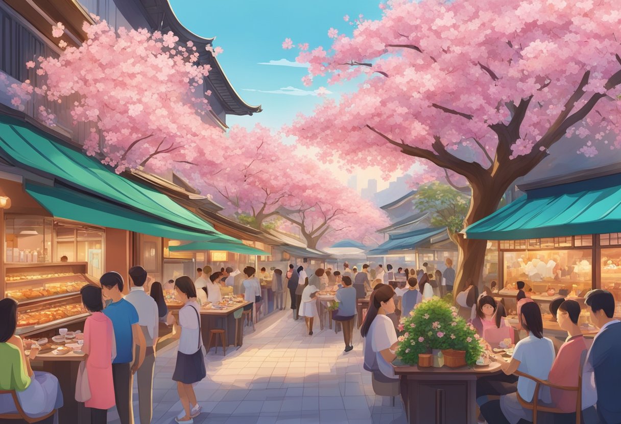 A colorful array of Japanese cherry blossom trees in full bloom, surrounded by a bustling buffet restaurant in Singapore
