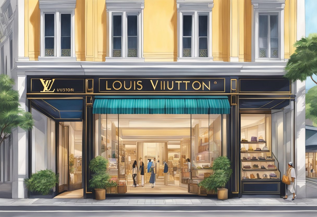 A vibrant street in Singapore, with a gleaming Louis Vuitton store front, featuring a display of luxurious LV bags in the window