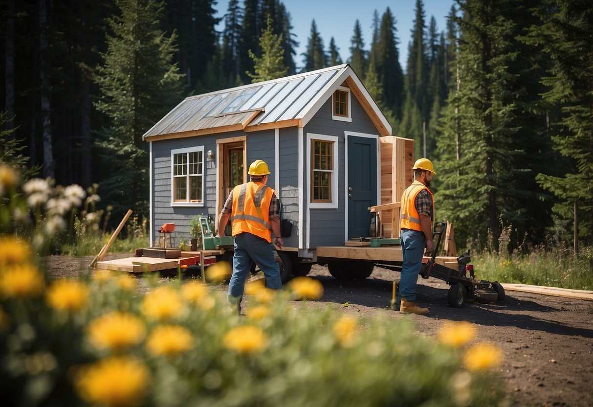 Construction workers inspect tiny houses for legal status in Washington State. Utilities are being installed