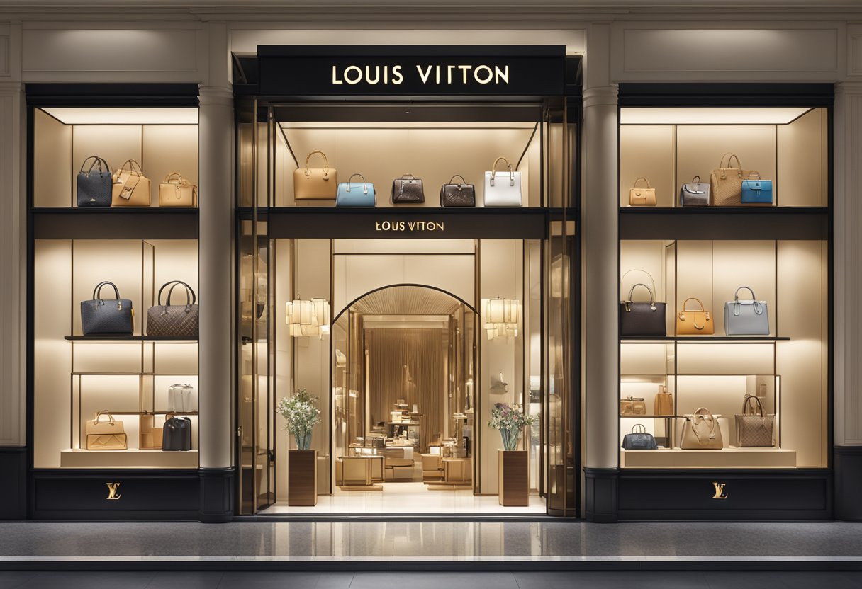 A luxurious Louis Vuitton bag displayed in a sleek Singapore store window, surrounded by other high-end accessories and elegant branding