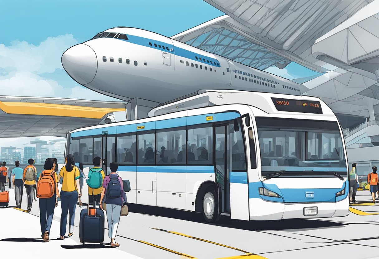 Passengers board shuttle at Singapore airport, luggage in tow. Skyline visible in background