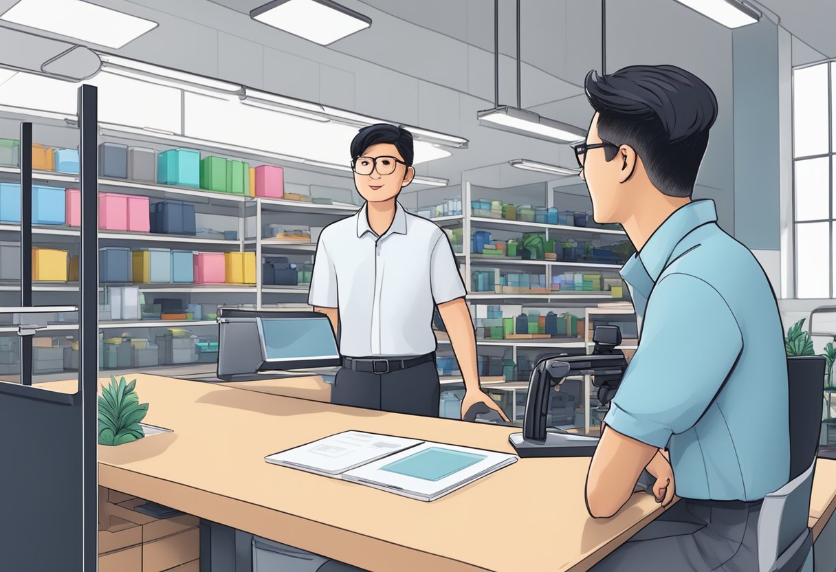 A customer at a 3D printing store in Singapore asks questions to a staff member