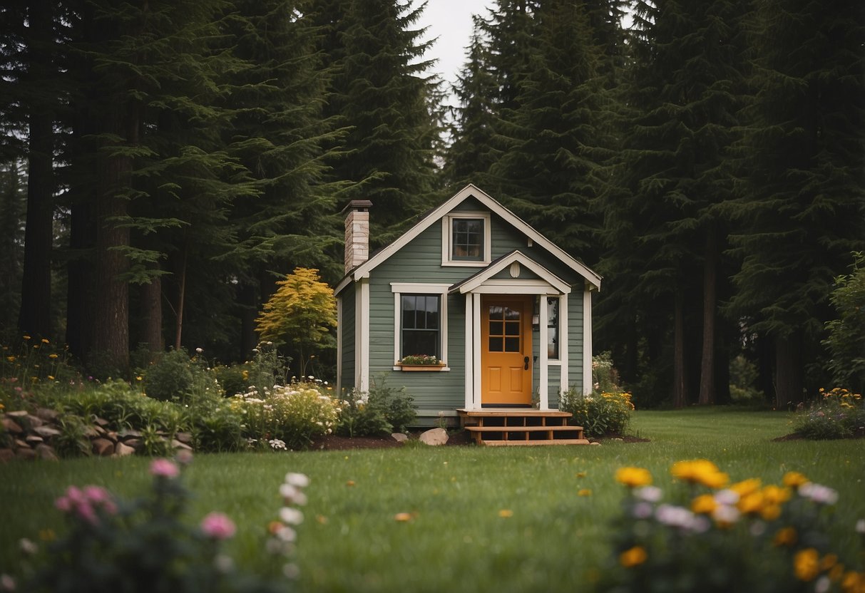 A tiny house sits on a green plot in Washington state, surrounded by trees. A sign nearby reads "Frequently Asked Questions: Are Tiny Houses Legal in Washington State?"