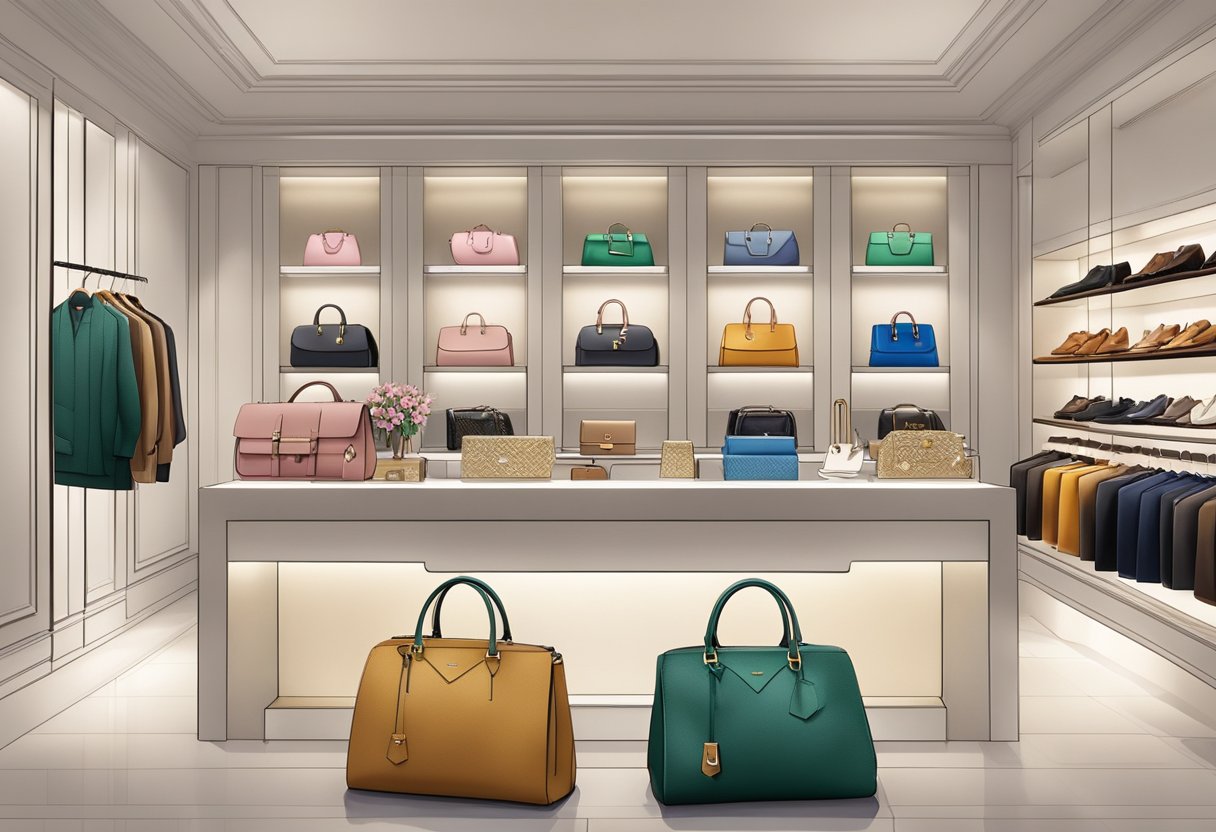 A LV bag sitting on a sleek, modern counter in a luxury boutique in Singapore, surrounded by neatly arranged display items