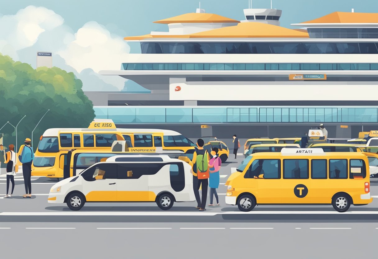 Passengers wait by a sign for their airport transfer in Singapore. A shuttle bus and a line of taxis are visible nearby