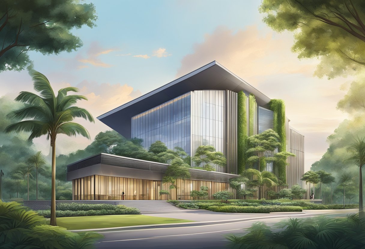 The Singapore Life Church stands tall, with its modern architecture and intricate details, surrounded by lush greenery and a peaceful ambiance