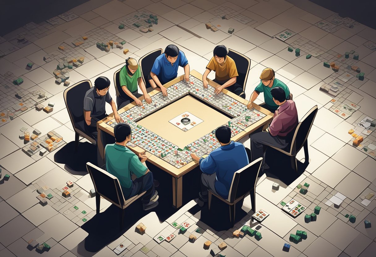 Players sit around a table with tiles, drawing and discarding in turns, aiming to form sets and win points in a game of Singapore Mahjong