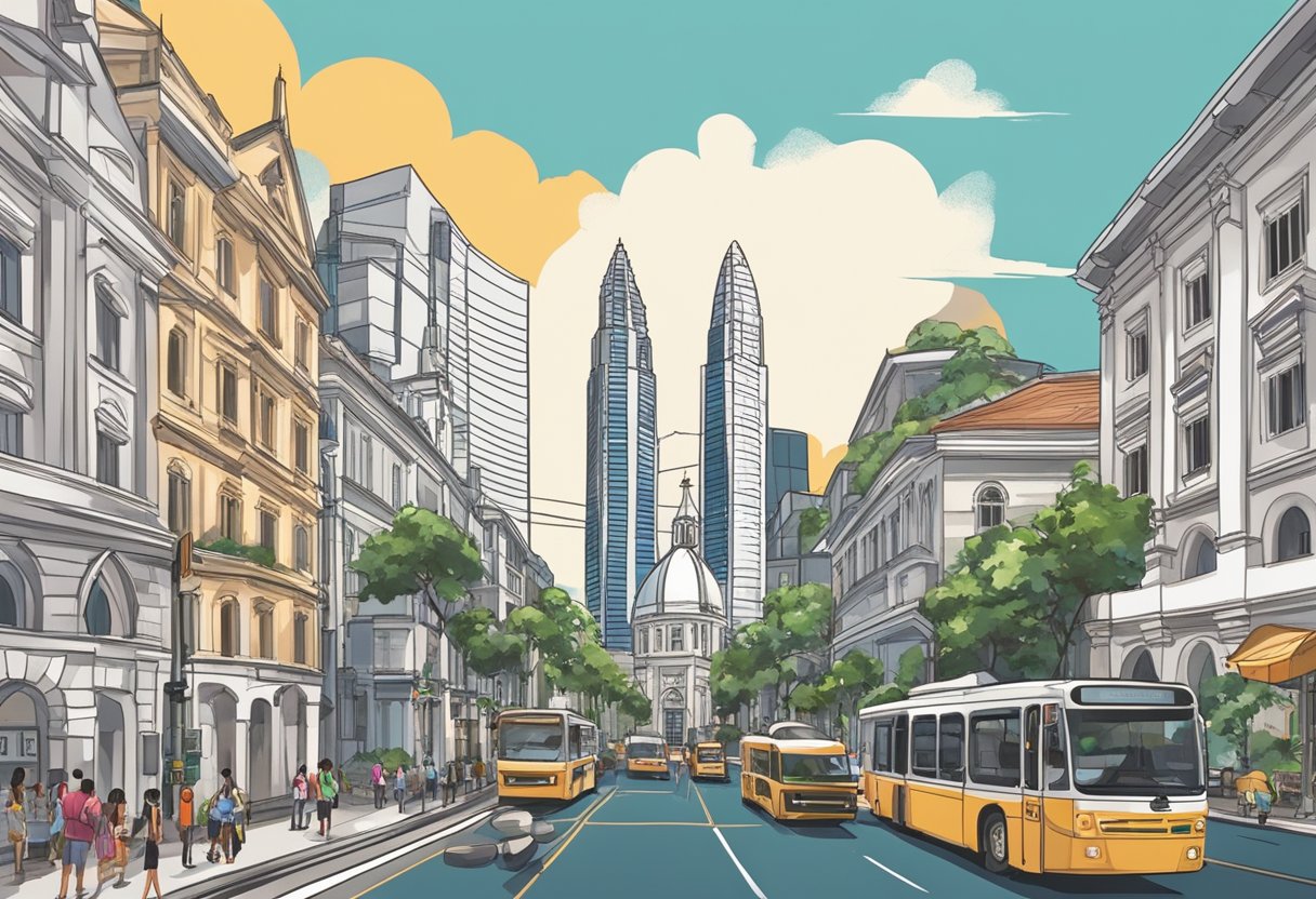 A bustling Singapore street, with a historic church in the background, surrounded by modern skyscrapers