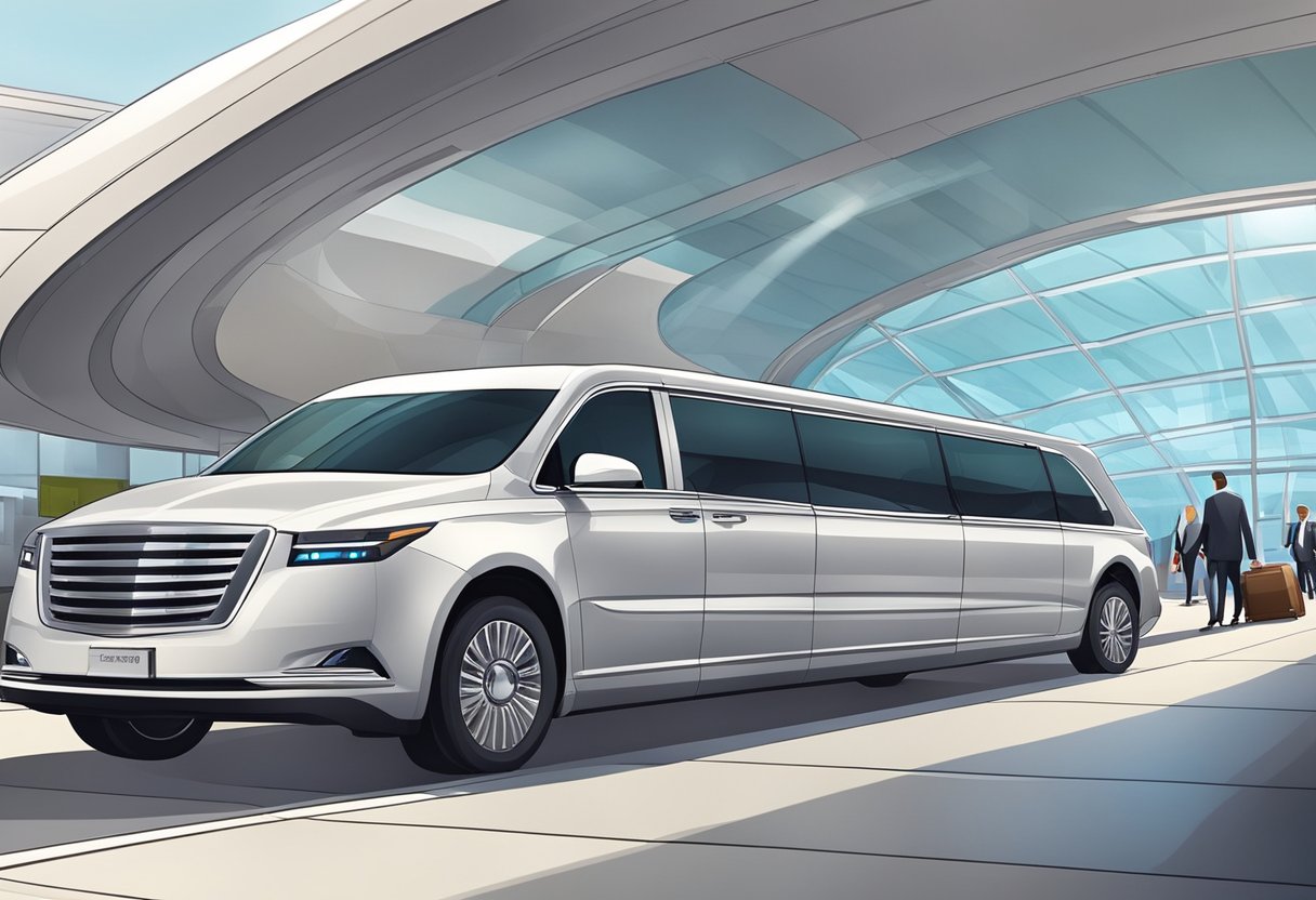 Passengers boarding a luxurious airport transfer vehicle with sleek, modern design and spacious interior. Luggage is neatly stowed away as the vehicle prepares to depart