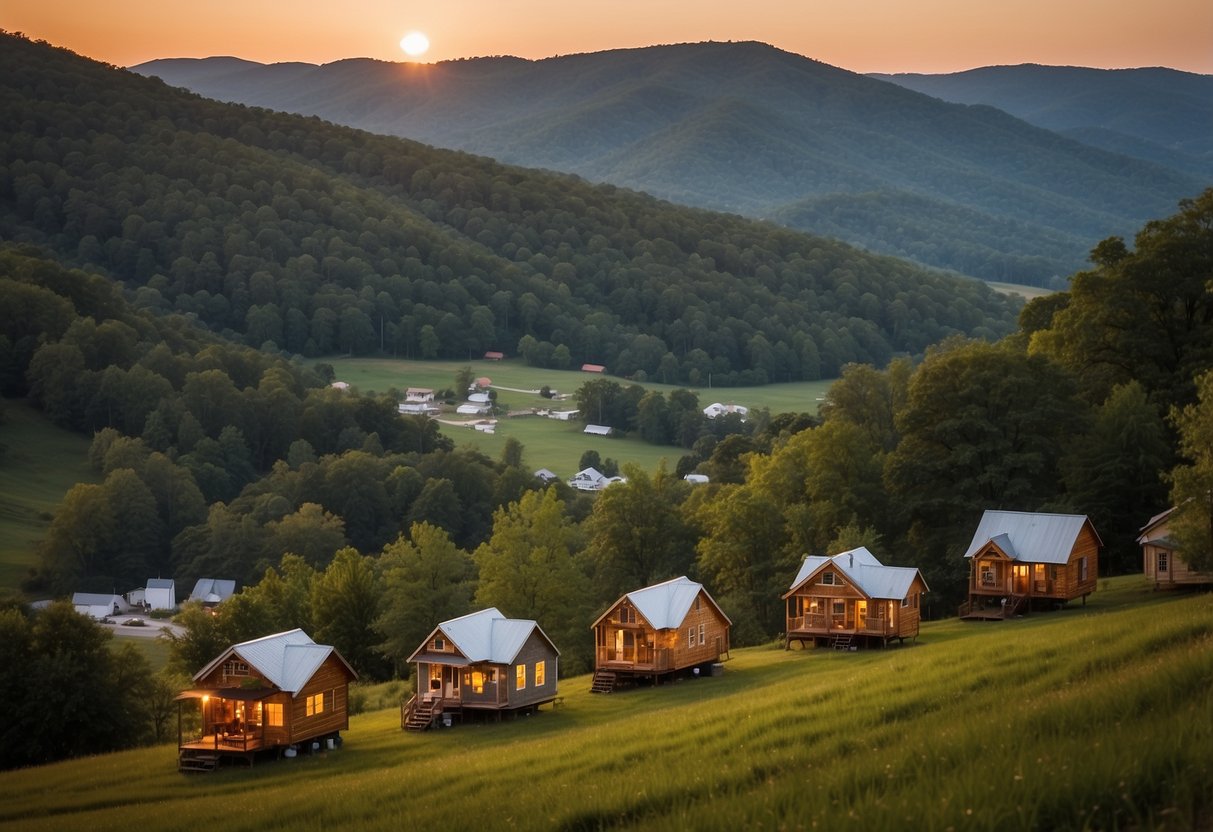 Tiny houses dot a picturesque West Virginia landscape, nestled among rolling hills and lush greenery. The sun sets behind the mountains, casting a warm glow over the cozy, sustainable dwellings