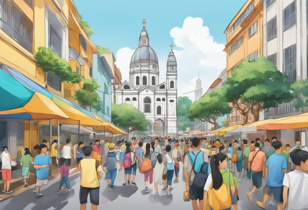 A bustling Singapore street with a vibrant church at the center, surrounded by diverse community members engaging in outreach activities