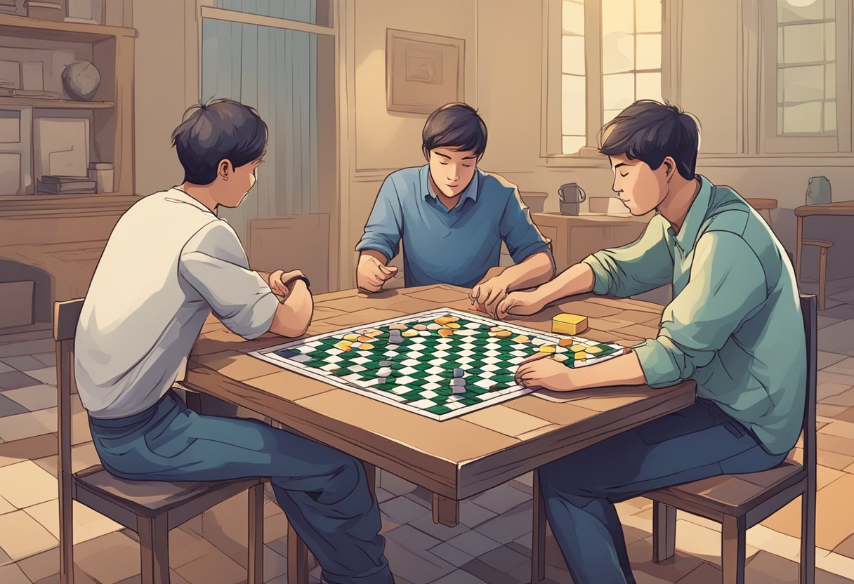 Four players sit around a square table. Each player has a stack of tiles and takes turns drawing and discarding tiles to form sets and pairs