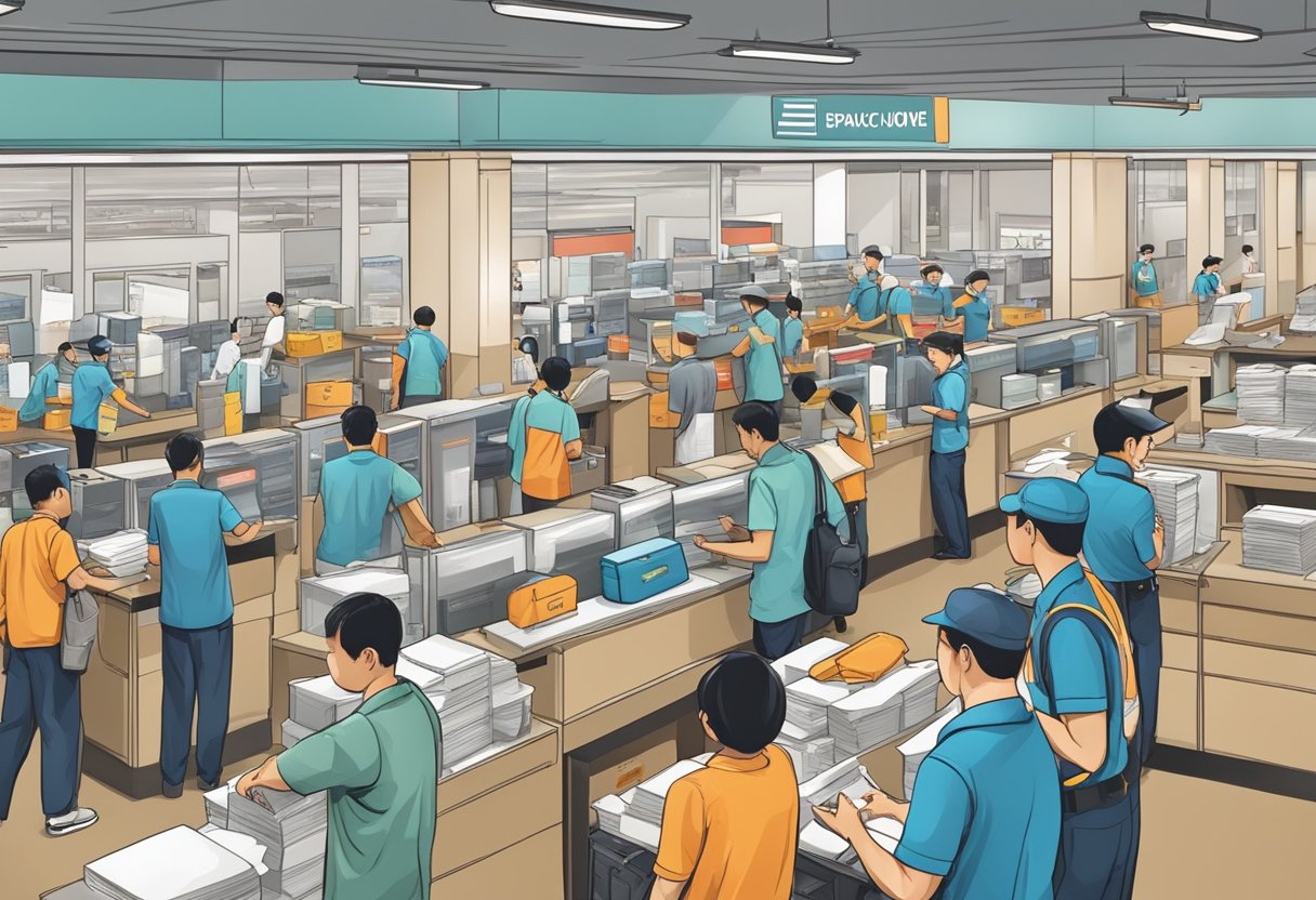 The bustling Singapore Post General Post Office, with mail carriers sorting and delivering parcels, while customers queue at service counters