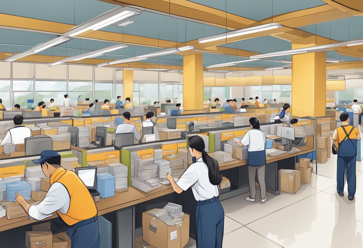 The bustling Singapore Post General Post Office, with people sending packages and letters, and postal workers sorting and delivering mail