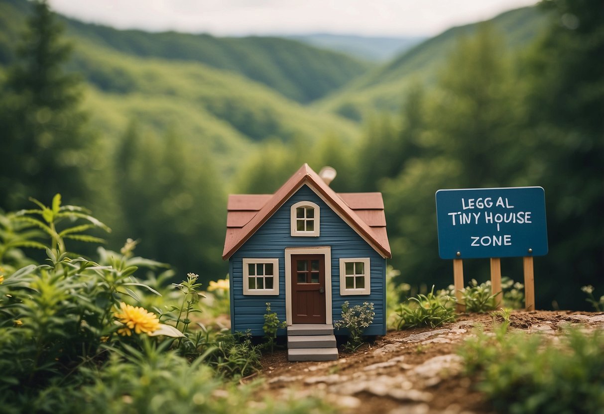 A tiny house nestled in the rolling hills of West Virginia, surrounded by lush greenery and a clear blue sky, with a sign displaying "Legal Tiny House Zone."