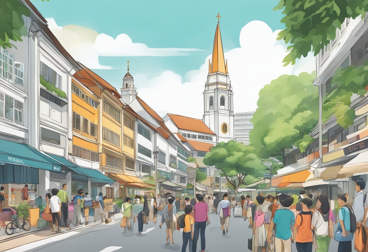 A bustling street in Singapore with a prominent church, surrounded by people and signs with the words "Frequently Asked Questions" about Singapore life