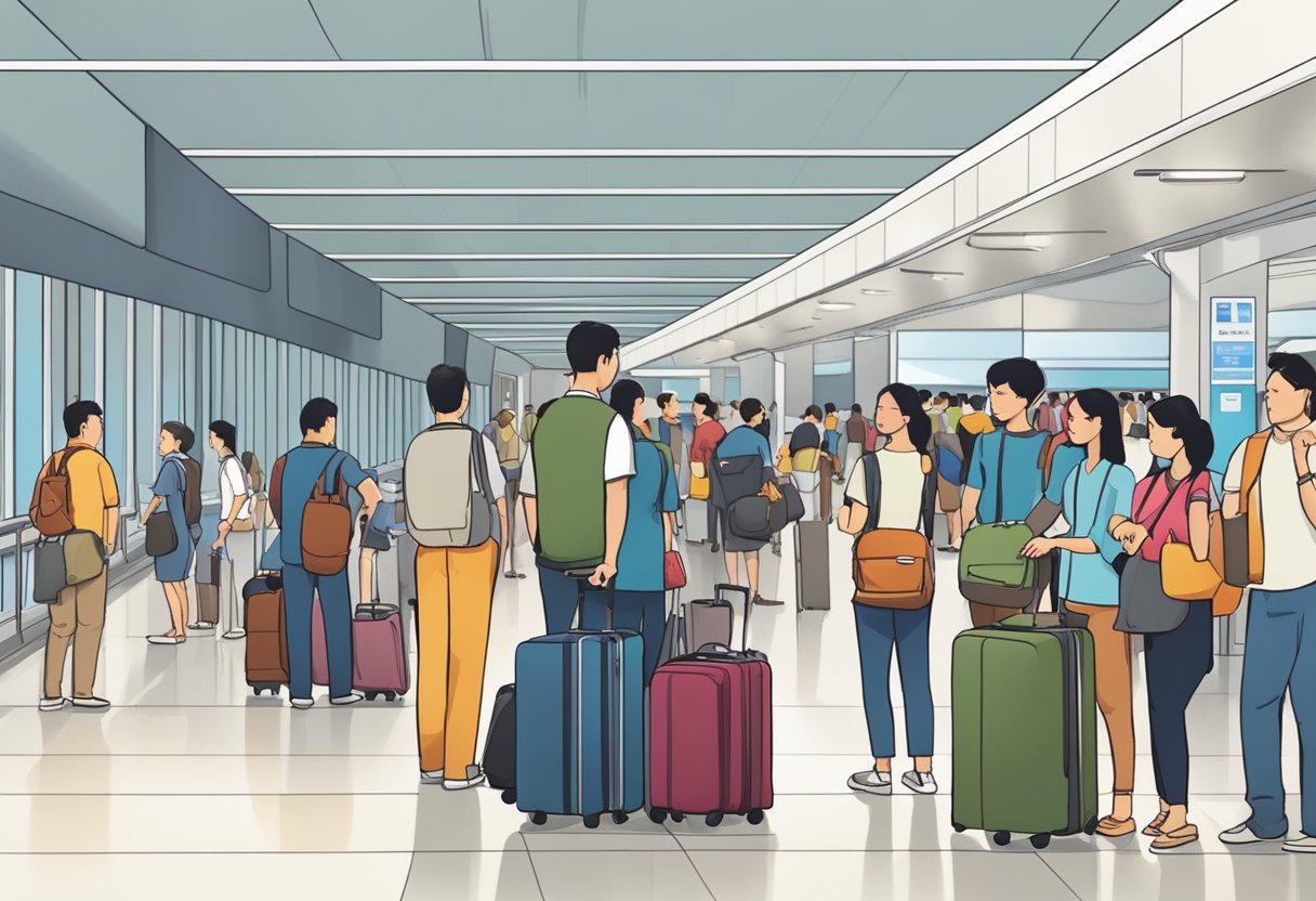 Passengers line up at a busy airport terminal, luggage in tow, as they wait for their pre-arranged transfer service in Singapore