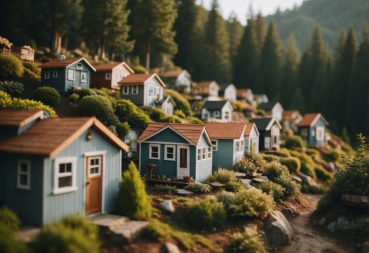 A cluster of tiny houses nestled in a serene community, surrounded by lush greenery and winding pathways