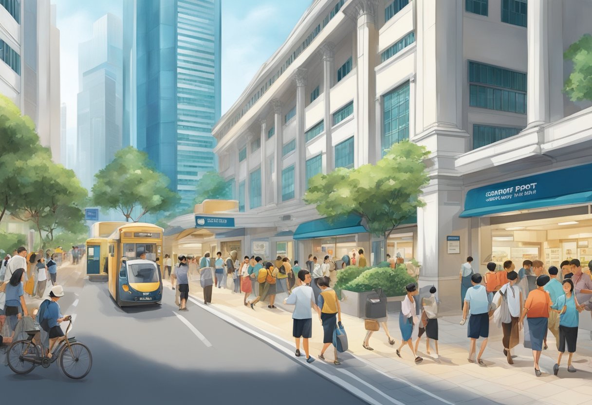 A bustling street scene with people interacting at the Singapore Post General Post Office, conveying a sense of community and trust