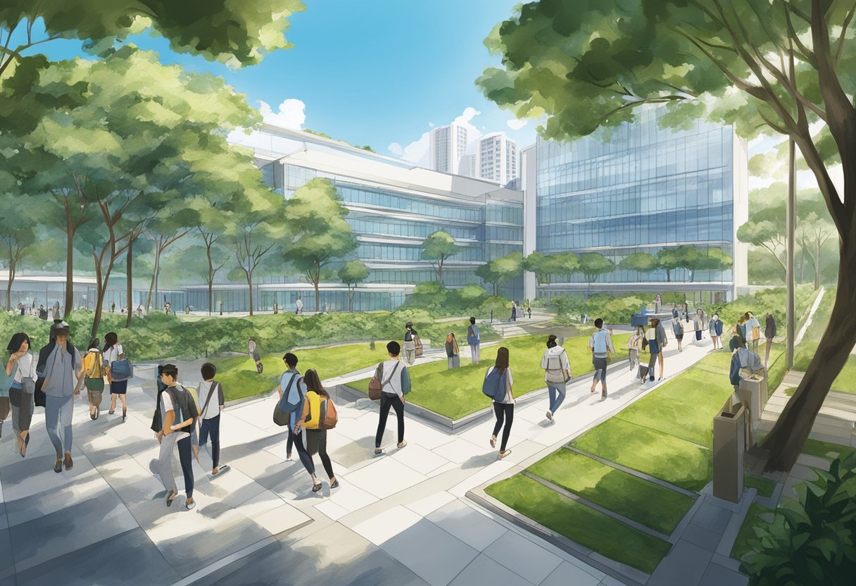 A bustling campus at NUS Singapore, with students walking between modern buildings and lush greenery, under a clear blue sky