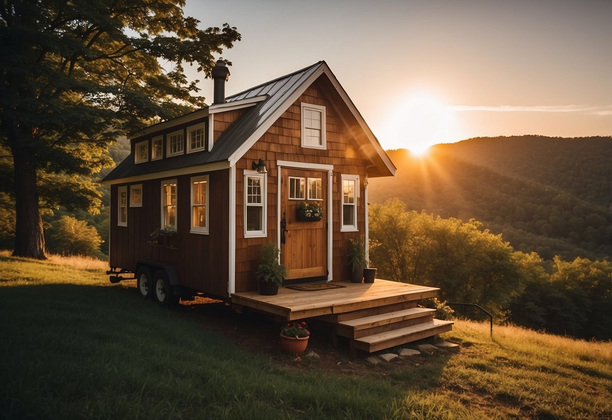 A tiny house sits among the rolling hills of West Virginia, surrounded by trees and nature. The sun sets in the distance, casting a warm glow on the small, cozy dwelling