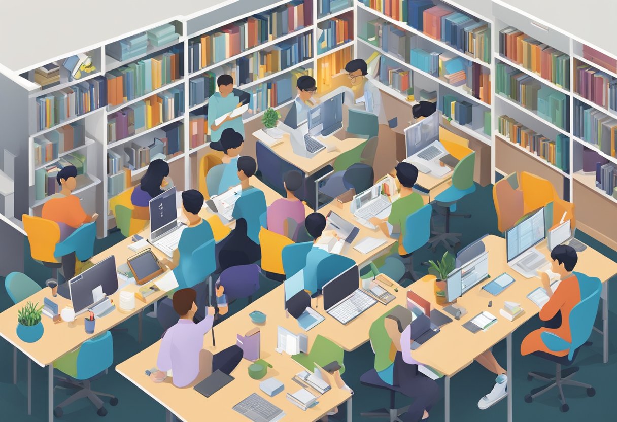 Students and professors engage in academic research at NUS Singapore, surrounded by books, computers, and laboratory equipment