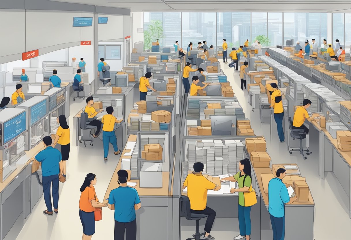 The bustling Singapore Post General Post Office with customers in line, staff assisting, and packages being sorted and delivered