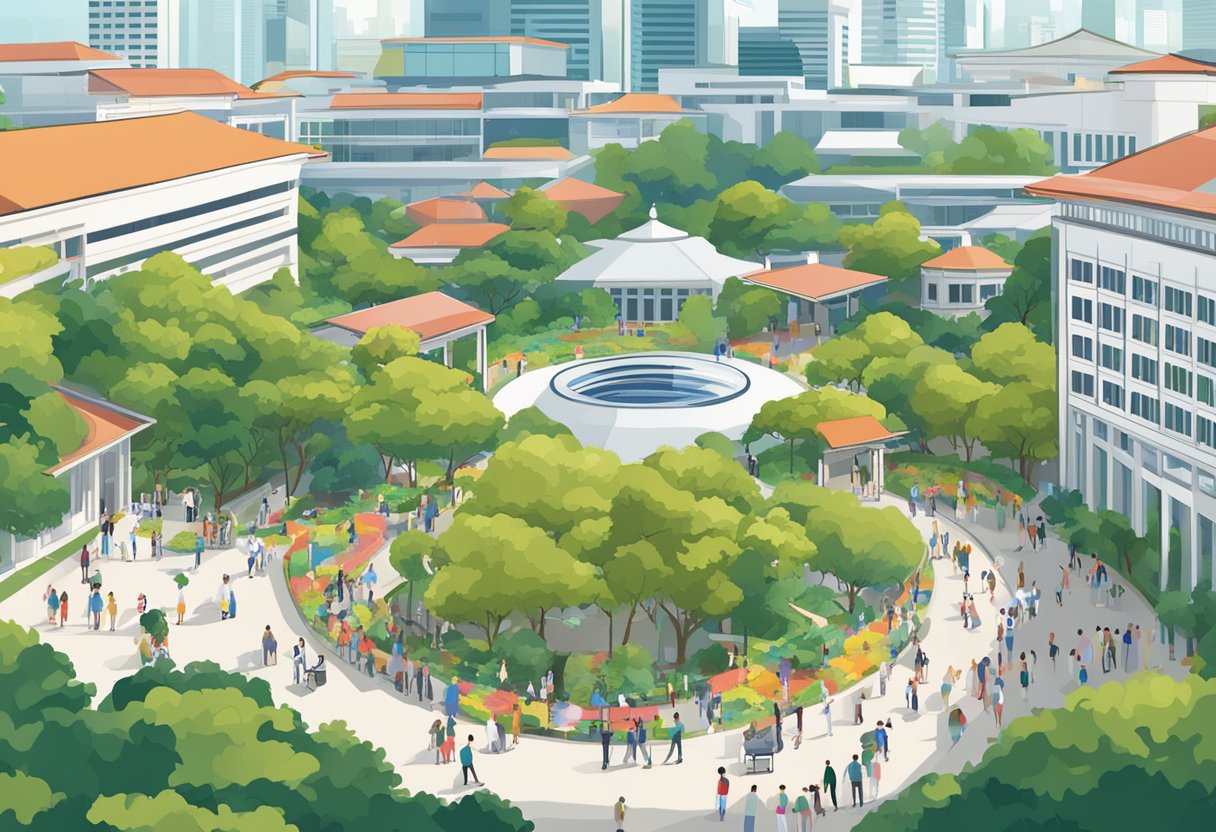A bustling campus with diverse flags flying, students mingling, and global events happening. The iconic architecture and lush greenery symbolize NUS Singapore's commitment to internationalization
