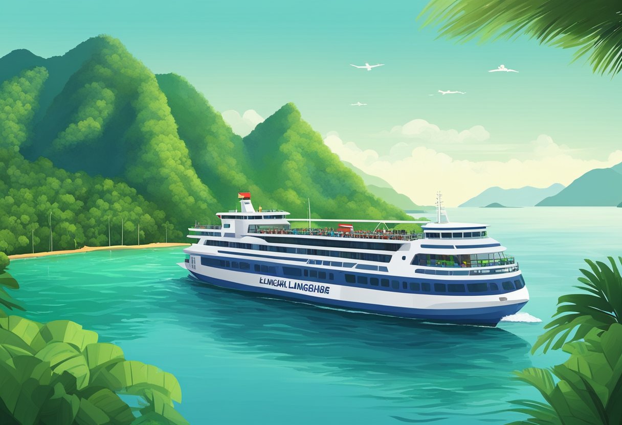 A ferry cruises from Singapore to Langkawi, passing by lush green islands and clear blue waters