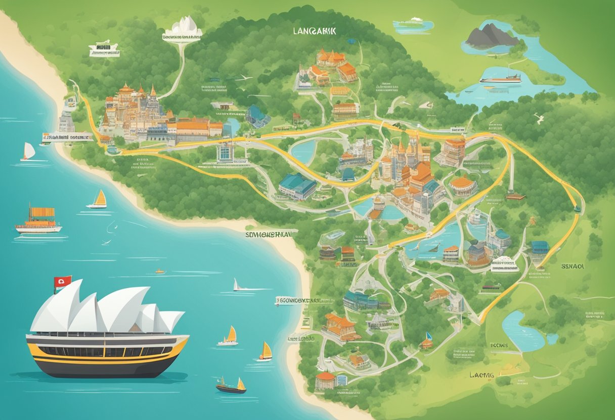 A map of Singapore and Langkawi with highlighted route, travel essentials, and a checklist of activities