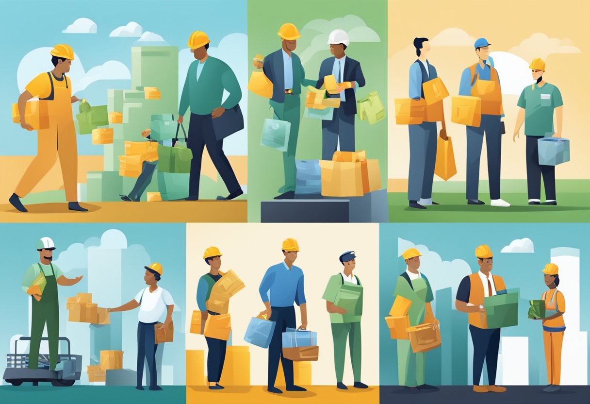Workers in various industries receiving higher wages as they progress in their careers, symbolized by ascending pay scales and job advancements