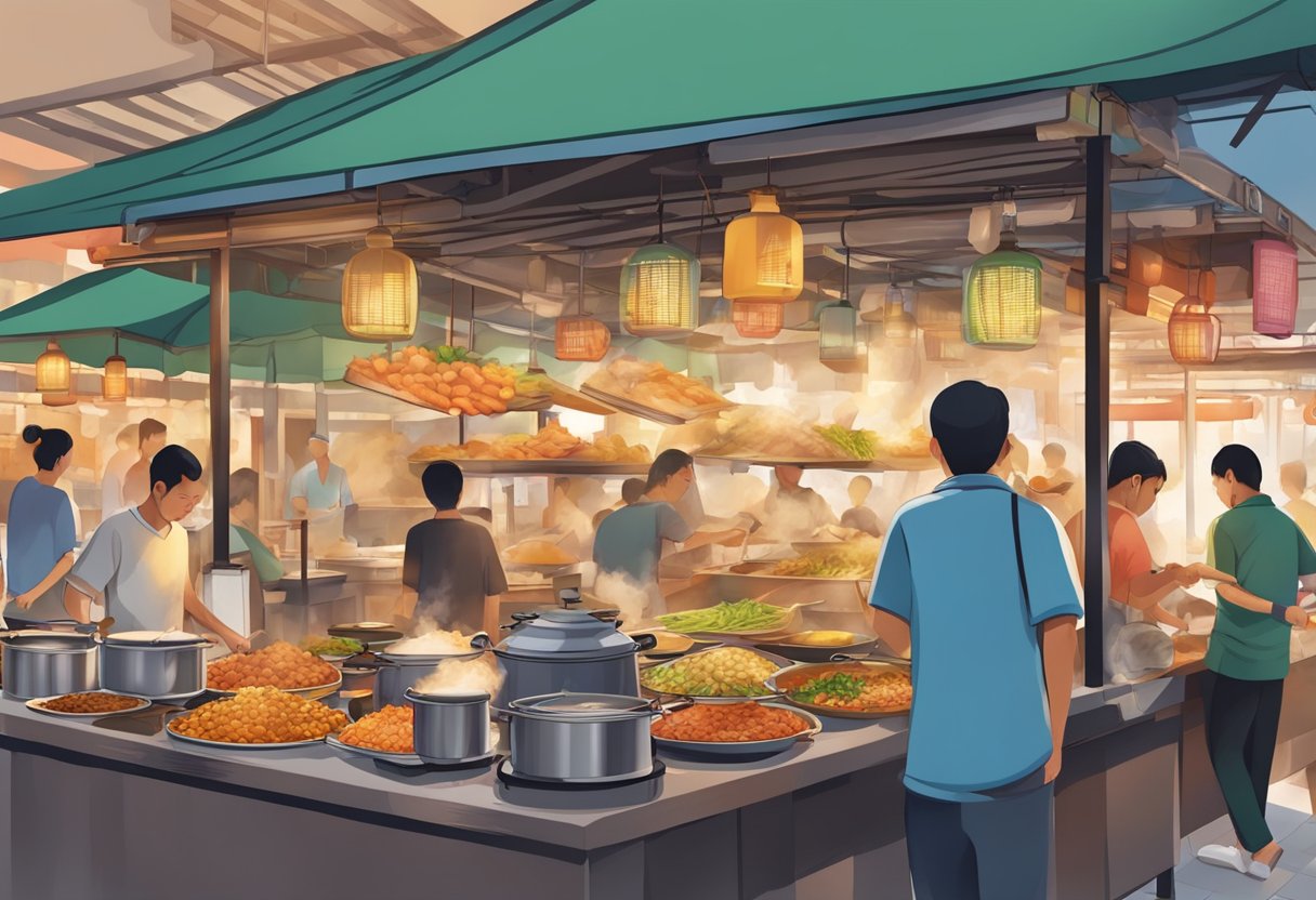 A bustling hawker center with sizzling woks, steaming pots, and colorful stalls offering a variety of aromatic Singapore street food
