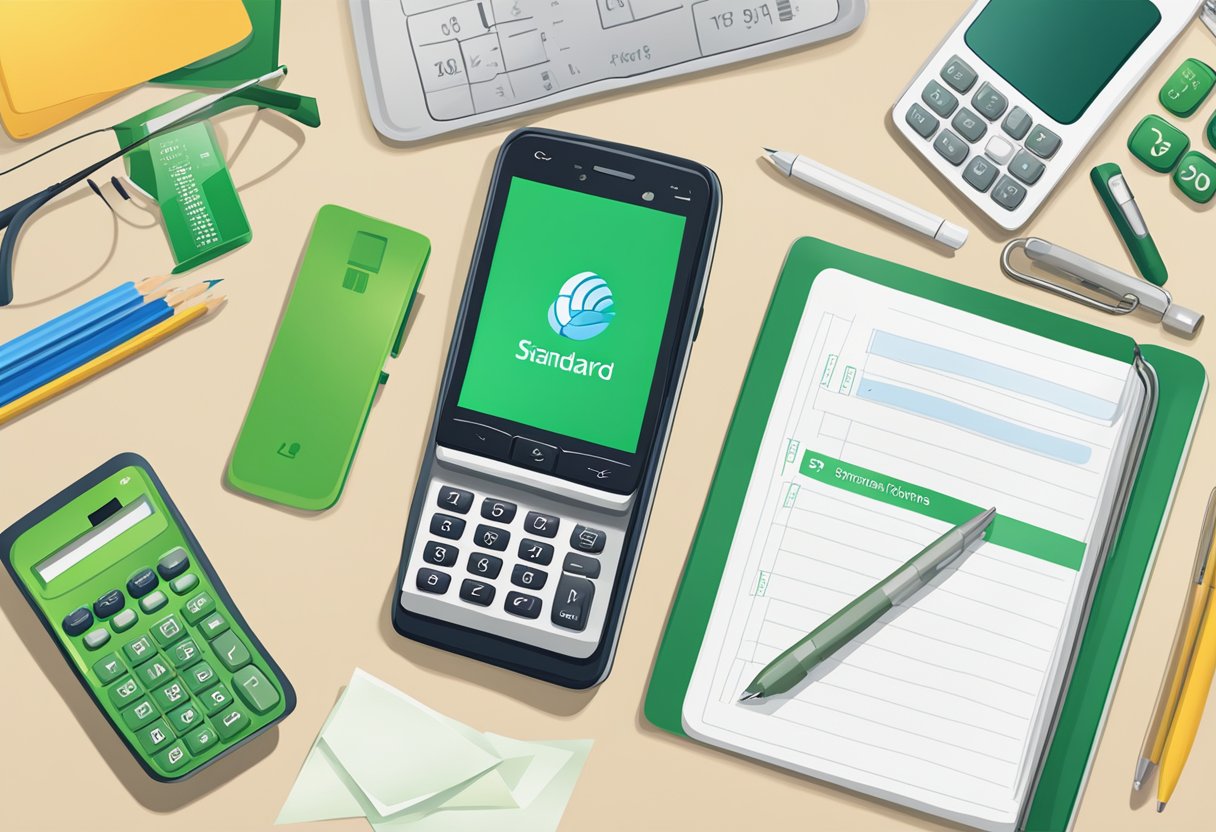A phone with the Standard Chartered Singapore hotline displayed on the screen, surrounded by banking-related items such as a calculator, pen, and paper
