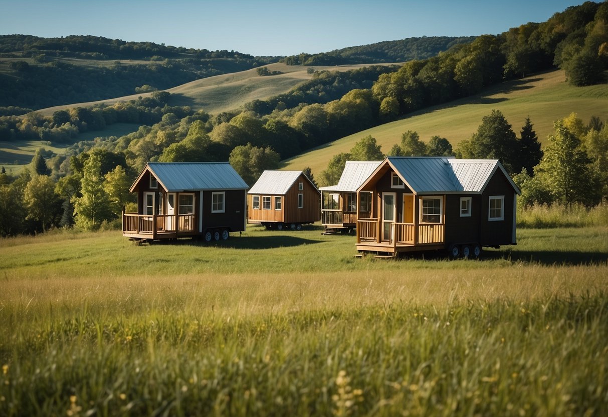 Tiny houses dot a picturesque Wisconsin landscape, nestled among rolling hills and lush greenery, with a clear blue sky overhead