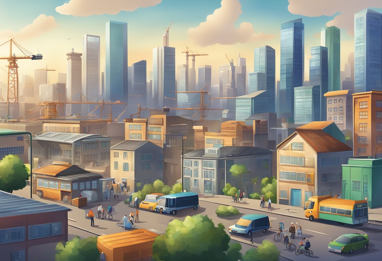 A bustling city skyline with factories and office buildings, alongside a diverse population engaged in various industries and services