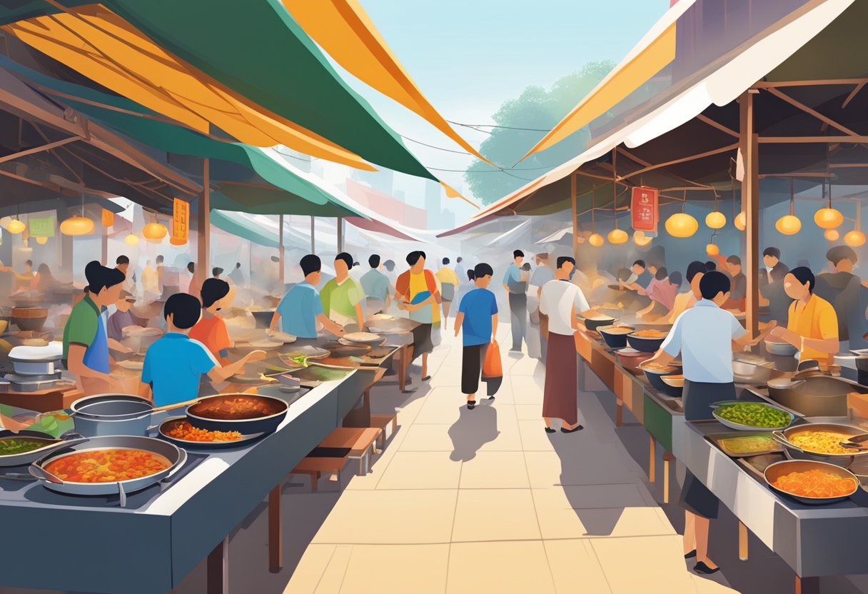A bustling hawker center with steaming pots and sizzling woks, surrounded by colorful stalls serving iconic Singaporean dishes
