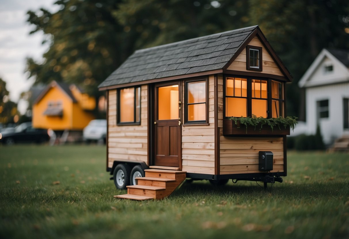 A tiny house sits on a grassy lot in Wisconsin, surrounded by trees. A sign nearby displays legal framework information