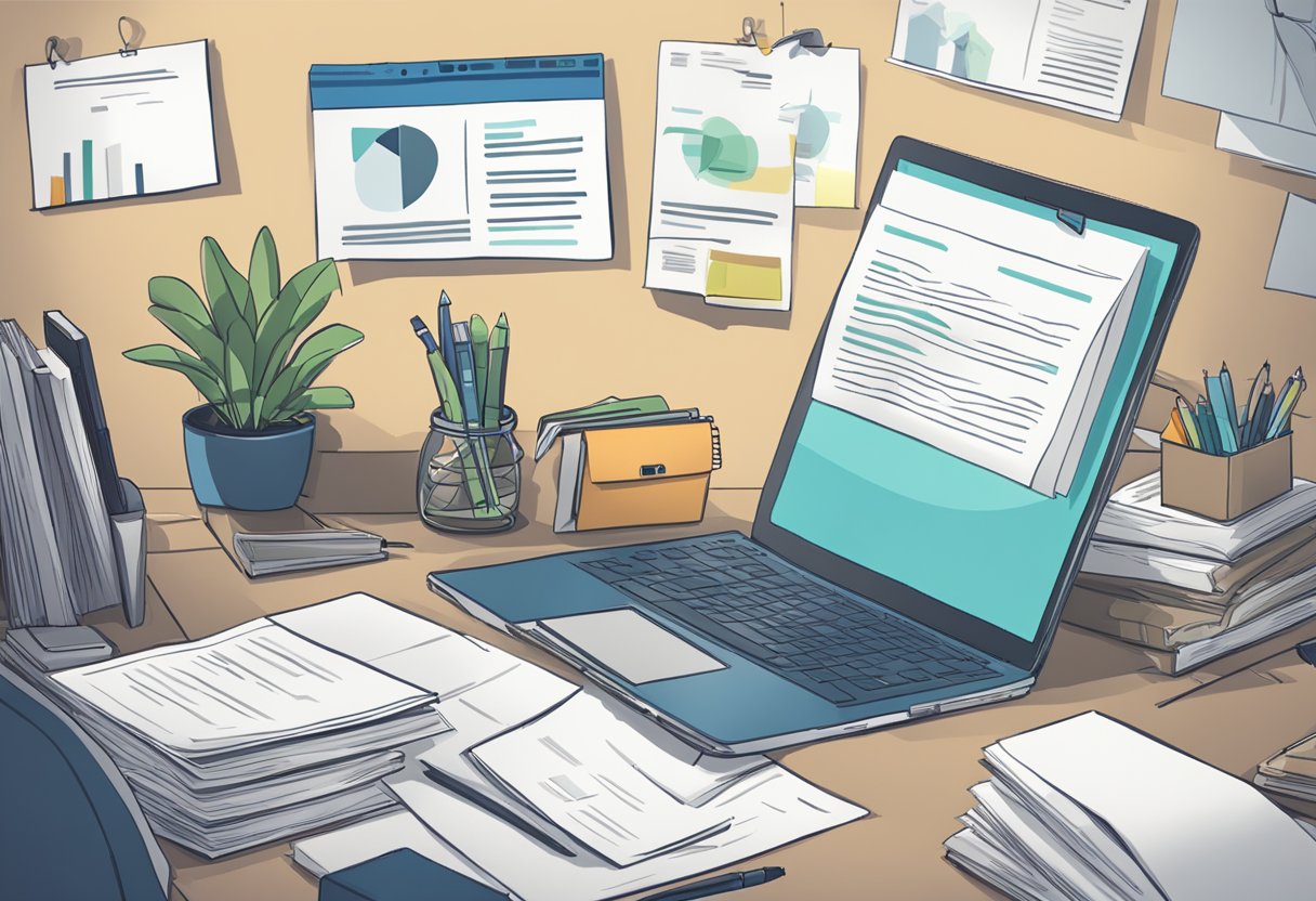 A stack of FAQ sheets on a desk, with a laptop and pen nearby. A "Frequently Asked Questions" sign hangs on the wall