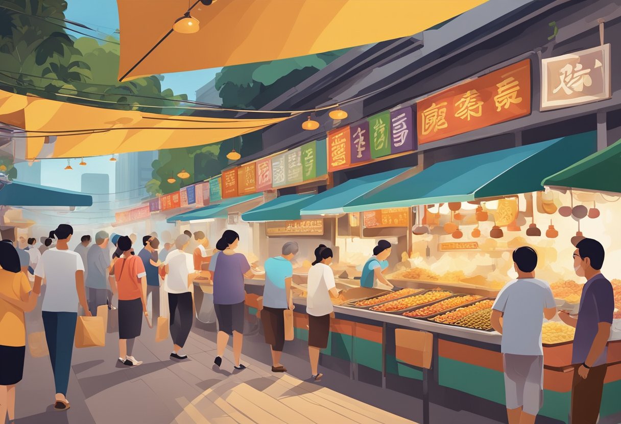 A bustling hawker centre in Singapore, filled with colorful food stalls and bustling with activity. The air is filled with the aroma of sizzling satay, steaming noodles, and fragrant spices
