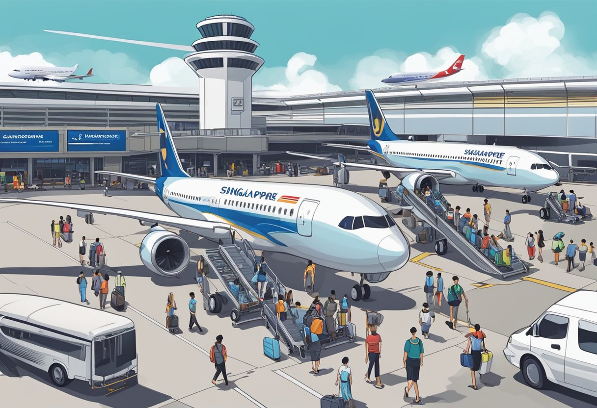 Passengers boarding a plane at Singapore airport, with luggage carts and planes in the background, ready for a flight to Langkawi