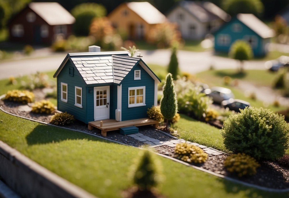 Tiny houses arranged in a suburban neighborhood, with zoning regulations and legal documents visible in the background