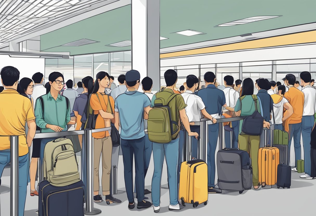 A line of travelers wait at the Singapore immigration checkpoint, passports in hand, as officers check documents and stamp entry